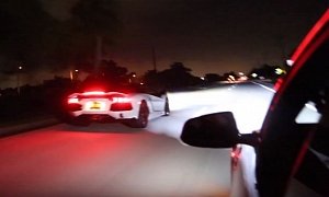 Flame-Spitting Lamborghini Aventador Drag Races Tesla Model S P100D At Night