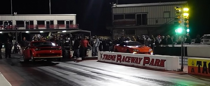 Flame-Spitting Nitrous Dodge Demon Drags Tuned Chevy Camaro on Demonology