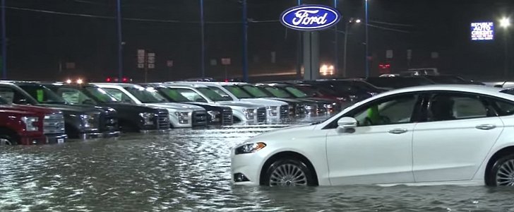 Rain Flooding Hundreds of Cars at Missouri Ford Dealership