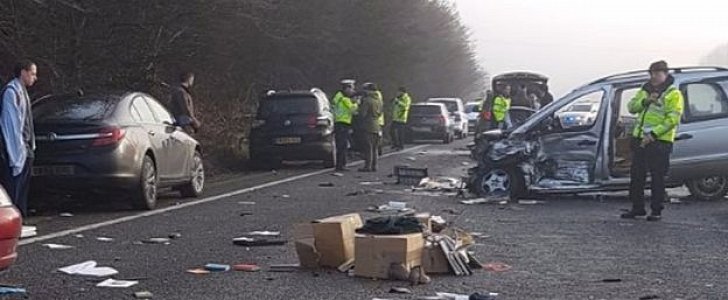 Aftermath of multi-car pileup on A40 highway in the UK