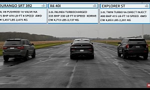 Ford Explorer ST Drags BMW X6 and Dodge Durango SRT 392, Wet Chaos Quickly Ensues
