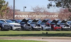Ford F-150 Lightning Electric Trucks Fill Up Michigan Parking Lot, Frunks Popped Open