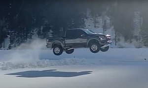 Ford F-150 Raptor Jumps on Snow Ramp, Lands on Its Feet Until It Doesn't
