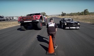 Ford F-150 Trophy Truck Loses Drag Race to Ken Block's Hoonicorn, Does Donuts