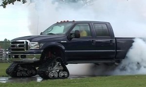 Ford F-350 on Tracks Does Burnout and Smoke Show