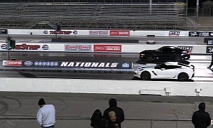 Ford Mustang Drags Chevy Corvette. Someone Takes the Loss Pretty Hard - Right Into a Wall
