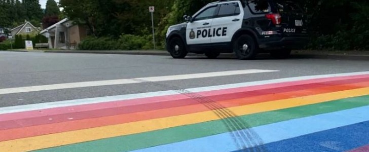 Fourth-generation Ford Mustang left a tire mark on a Pride crosswalk in West Vancouver, Canada