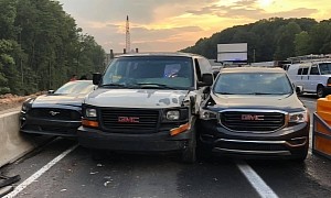 Ford Mustang, GMC SUV and Van “Cuddle” Up, Take Highway Exit at the Same Time