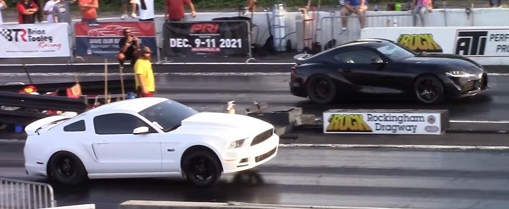 Ford Mustang GT drags Toyota GR Supra and Shelby GT500 