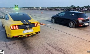 Ford Mustang GT Drags Modified Seat Leon on Unprepped Tarmac, Still Rocks the 1/4 Mile