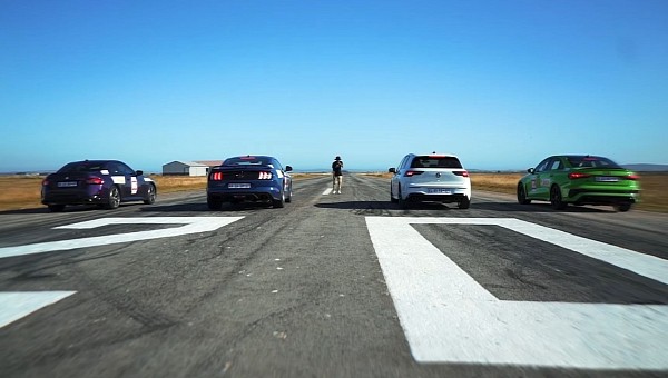 BMW M240i xDrive vs Ford Mustang GT/CS vs Volkwsagen Golf R vs Audi RS 3 drag race