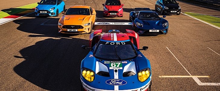 Eight Ford cars line-up in Barcelona, Spain