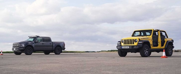 Ford Raptor Drag Races Stripped-Out Jeep Wrangler in Europe