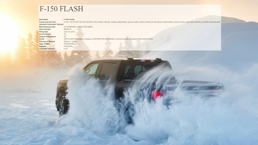 Ford F-150 Flash trademark and Ford F-150 Lightning in the snow