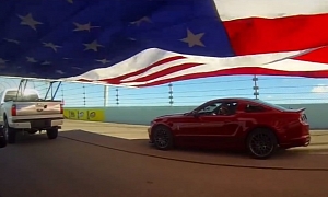 Ford Trucks, Mustangs Do a Patriotic Flag Pull at Miami Speedway