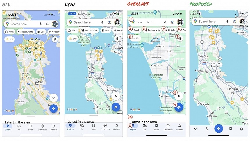 The new Google Maps interface and the proposed design