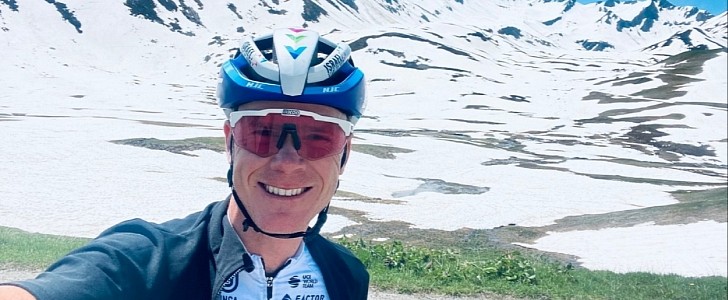 Chris Froome Riding his Bike in the French Alps