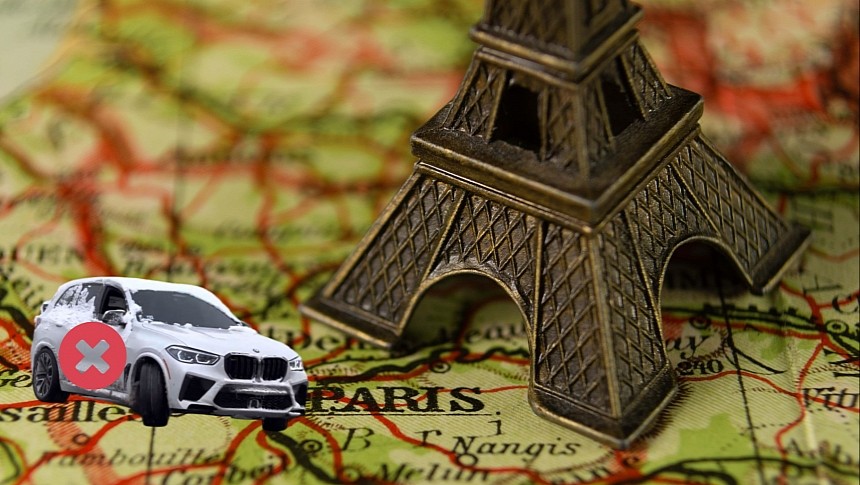 Paris, France Map, the Eiffel Tower, and a 2020 BMW X5 M