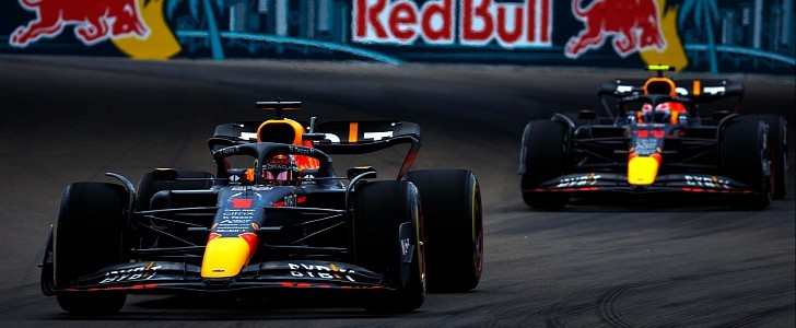 Red Bull Racing drivers Max Verstappen and Sergio Perez