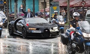 French President Emmanuel Macron Greets People from Bugatti Chiron in Hip Render