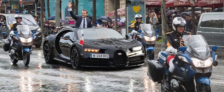 French President Emmanuel Macron Greets People from Bugatti Chiron: render