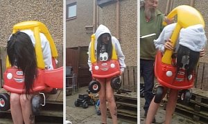 Full-Grown Woman Tries to Fit Into Little Tikes Car, Predictably Gets Stuck