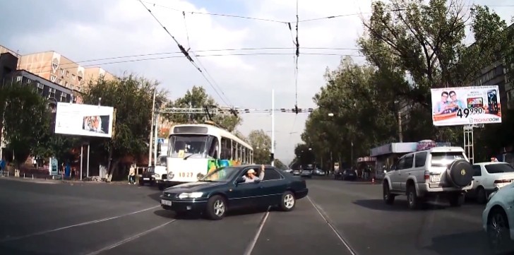 tram hits car in Kazakhstan