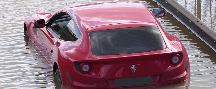 Ferrari FF floats on flooded London road