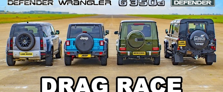 G-Class vs Jeep Wrangler vs New and Old Defender Drag Race