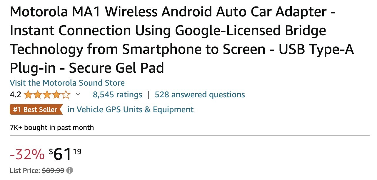  Motorola MA1 Wireless Android Auto Car Adapter - Instant  Connection Using Google-Licensed Bridge Technology from Smartphone to  Screen - USB Type-A Plug-in - Secure Gel Pad : Electronics
