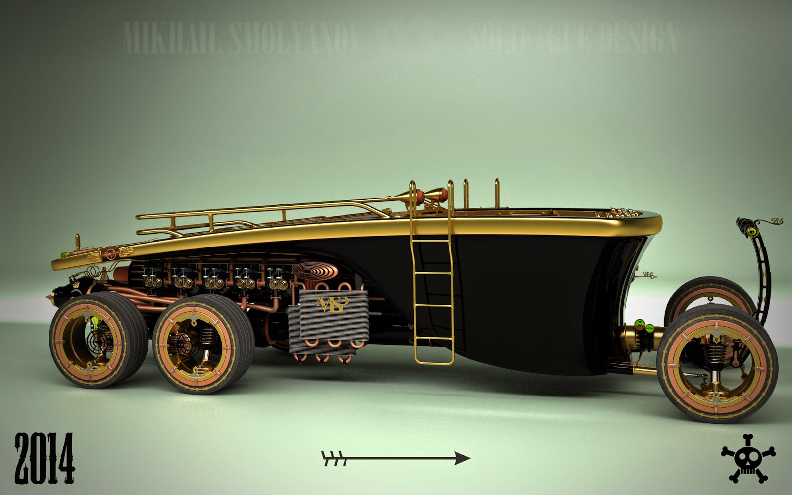steampunk 6-wheel land yacht is a car from the future past