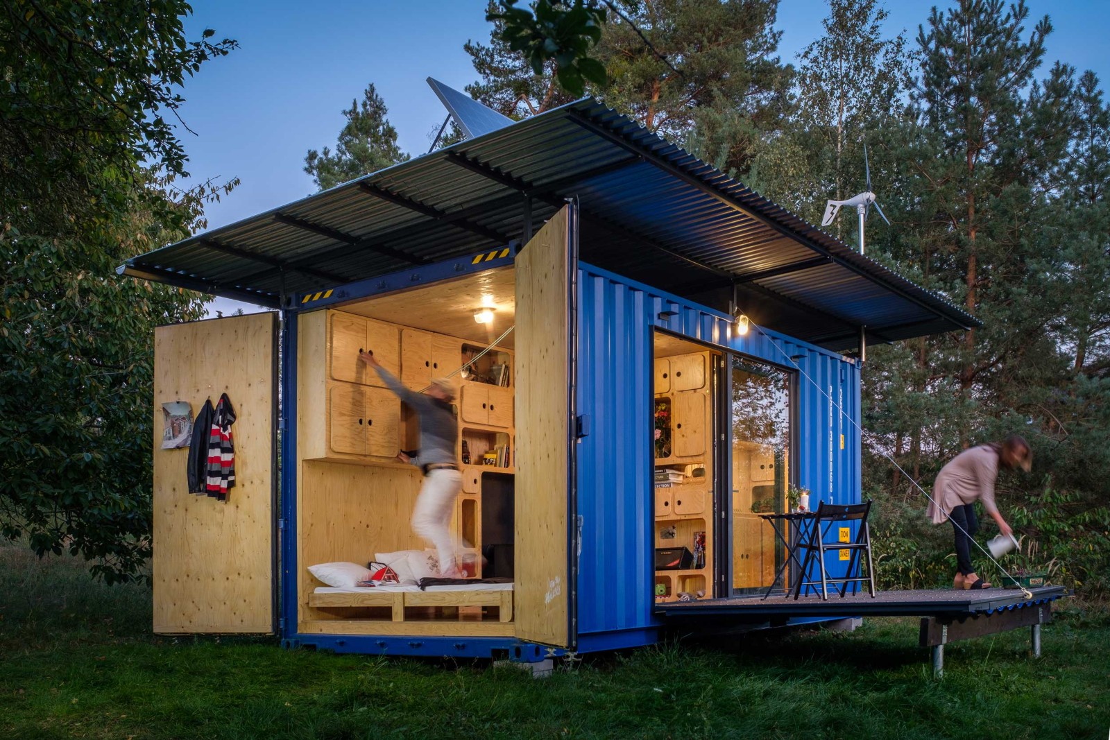 this tiny cabin made from an upcycled shipping container is self-sufficient