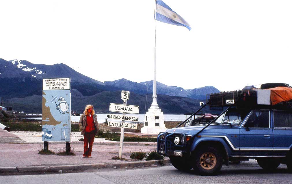 Liliana Schmid and a their Toyota Land Cruiser FJ60 in Ushuaia