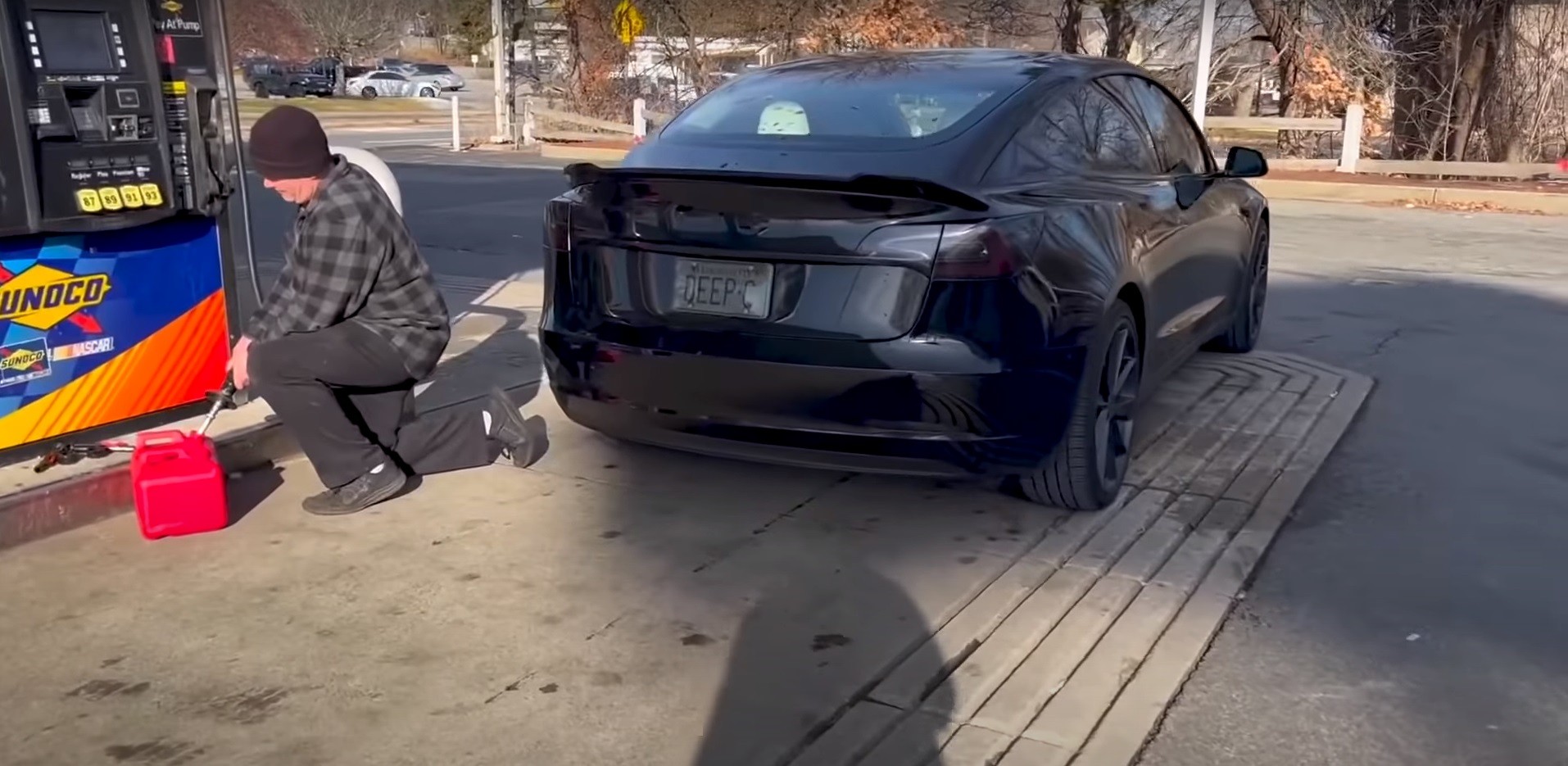 V8 Powered Tesla Takes Gas On The Side Of The Road On Its Way To First