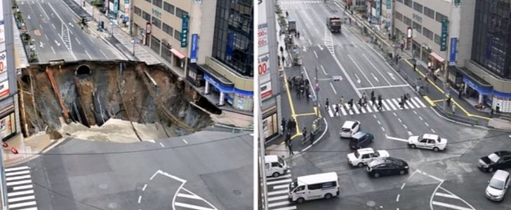 Fukuoka sinkhole before and after