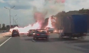 Gas Tank Truck Crashes, Causes 10-Minute Explosion on Russian Highway