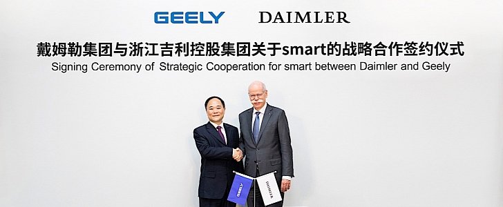 Daimler chairman Dieter Zetsche and Geely chairman Li Shufu shake on the future of the smart brand 
