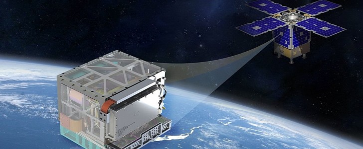 Illustration showing NASA’s Deep Space Atomic Clock and the General Atomics Orbital Test Bed satellite that hosts it