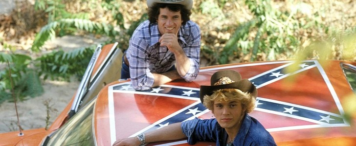 General Lee with its Dukes of Hazzard co-stars John Schneider and Tom Wopat
