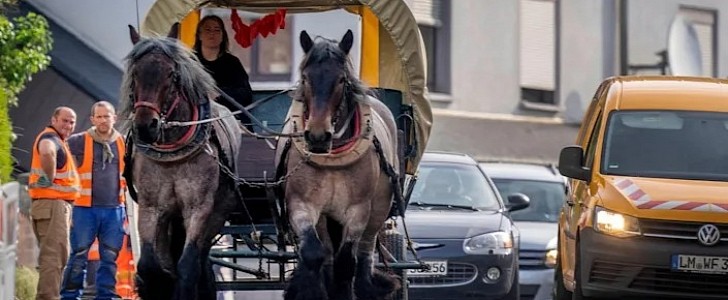 Stephanie Kirchner Riding her horse-drawn carriage in Germany