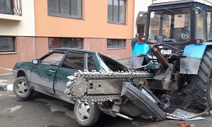 Giant Chain Saw Destroys Cars in Russia