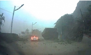 Giant Rock Falls from Mountain, Almost Smashing Car in Taiwan
