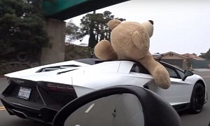 Giant Teddy Bear Riding in Lamborghini Aventador Roadster, a Beverly Hills Stunt