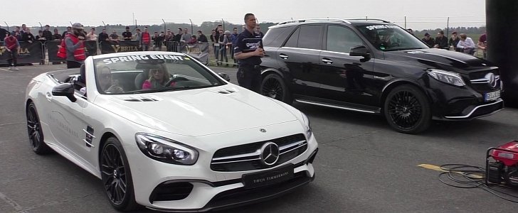 Girls in Mercedes-AMG SL 63 Drag Race S63 Coupe, GLE 63