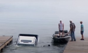 GMC Sierra Casually Rolls Into the Lake on Algae-Slick Boat Ramp, Drowns