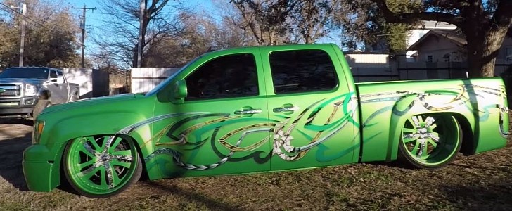 Green Envy started out as a 2008 GMC Sierra in 2016. It was destroyed in a fire in 2021