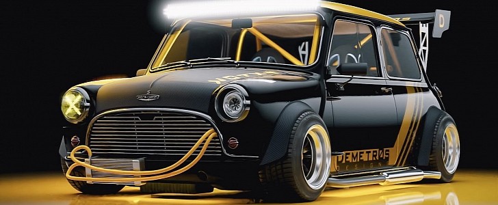 Austin Mini Cooper S slammed widebody gold/black rendering by demetr0s_designs 