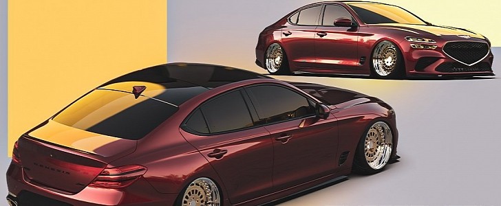 Genesis G70 slammed Wine Red Metallic gold chrome wheels rendering by musartwork