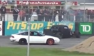 Good Guy Nissan 240SX Driver Rescuing Crashed Rat Rod Rival