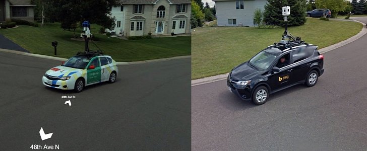 Bing and Google cars photographing each other